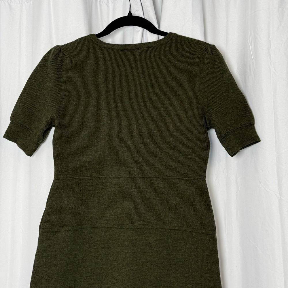 Talbots Olive Green Ribbed Knit Dress Wool Blend V Neck Short Sleeve Small - Picture 11 of 14